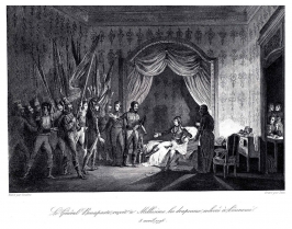 Incisione d'epoca “Le Général Bonaparte reçoit les drapeaux enlevés à l'ennemi 5 avril 1796” che rappresenta l'alcova di Napoleone. Bonaparte nell’alcova riceve le bandiere e gli stendardi delle formazioni austro-piemontesi battute nei primi scontri  nella Val Bormida.