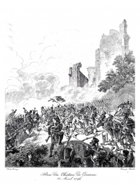 Incisione d'epoca “Prise Du Chateau De Cossaria. 14 Avril 1796”, che rappresenta la presa del Castello dei Del Carretto di Cosseria.